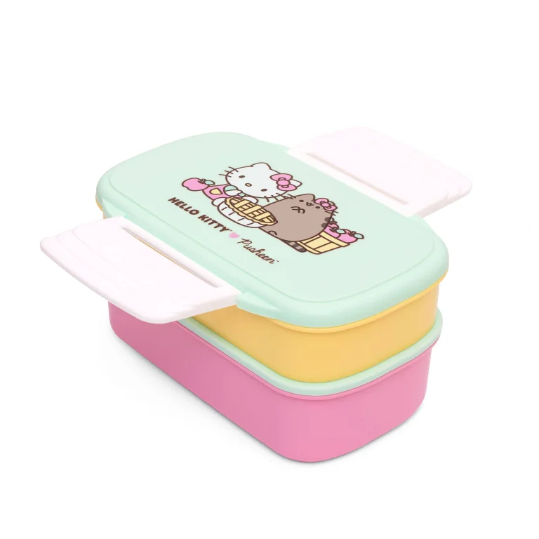 Hello Kitty x Pusheen - Double Layer Lunchbox - Lunchbox mit L&ouml;ffel & Gabel