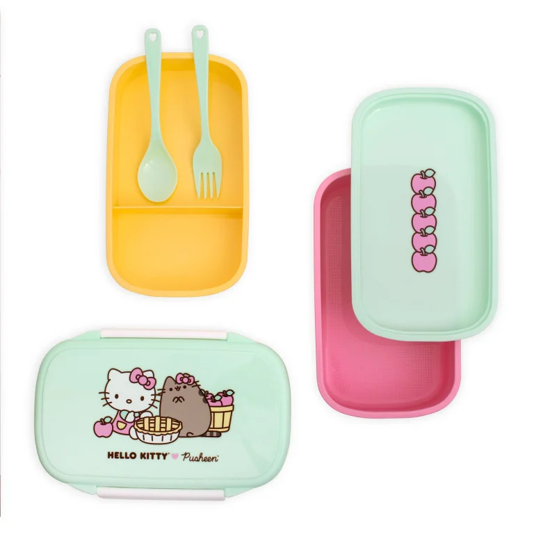 Hello Kitty x Pusheen - Double Layer Lunchbox - Lunchbox mit L&ouml;ffel & Gabel